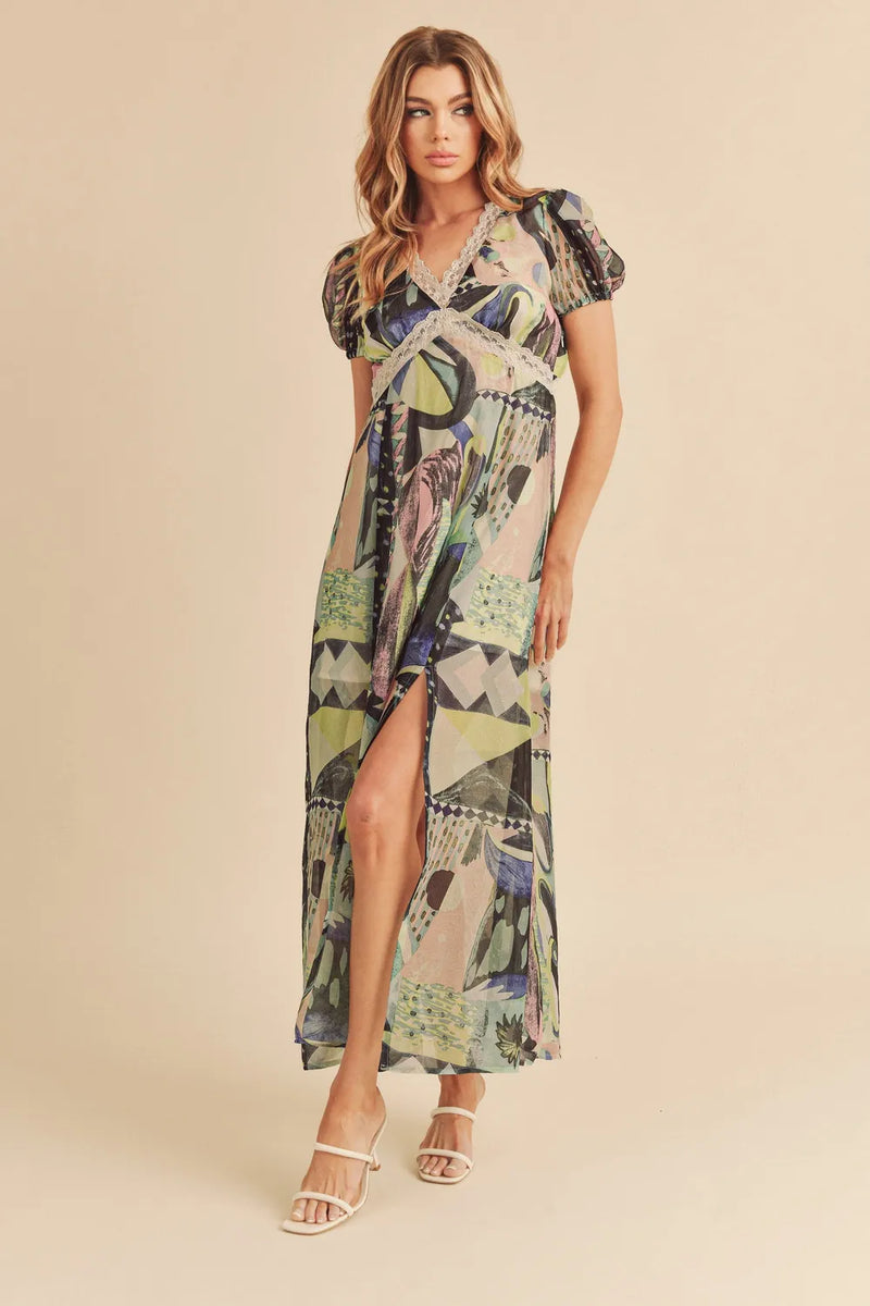 Green lace detail geometric print maxi dress front view