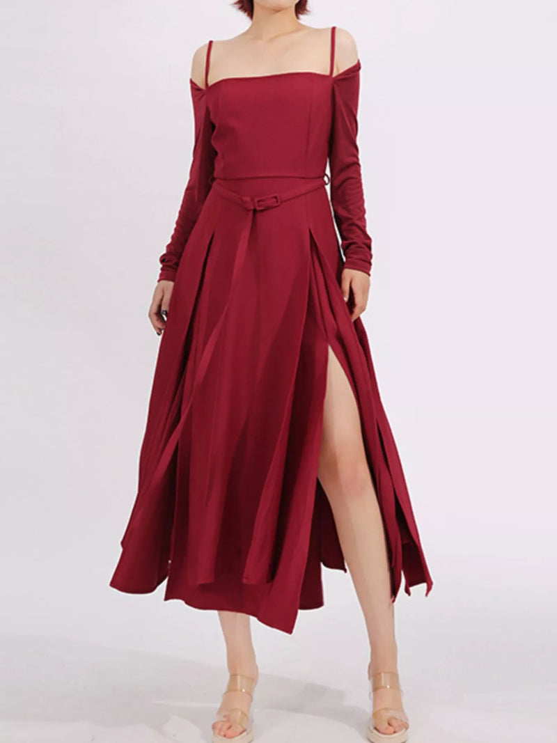 Long sleeve belted maxi dress front view
