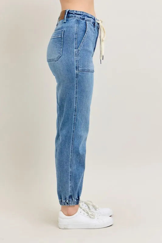 High waist denim joggers full length styling