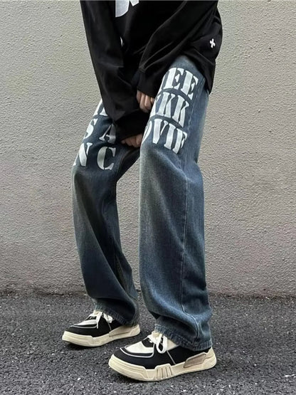 Men's Full Size Letter Graphic Wide Leg Jeans Plus Size - Fashorio