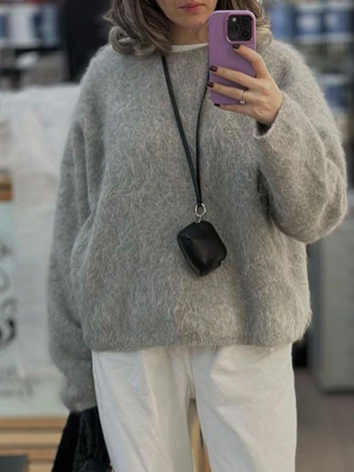 Fuzzy Round Neck Long Sleeve Sweater, view 14