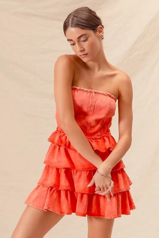 Strapless Ruffle Layered Dress in Orange view 10