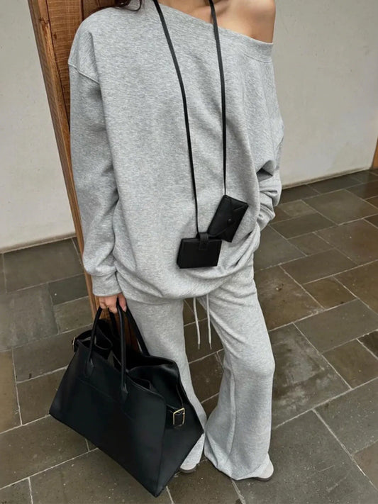 Off-Shoulder Top and Drawstring Pants Set Gray - Fashorio