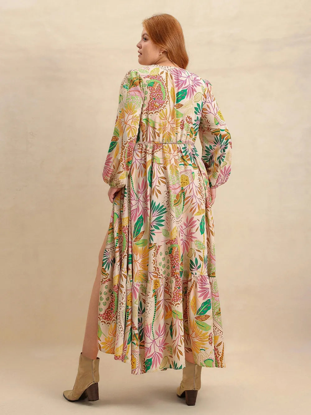 apricot lace printed balloon sleeve plus size maxi dress styled look
