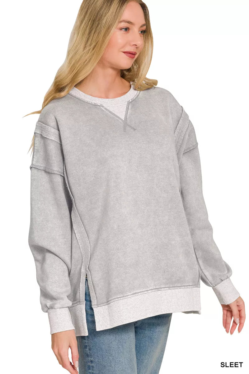 Zenana acid wash contrast trim sweatshirt front view