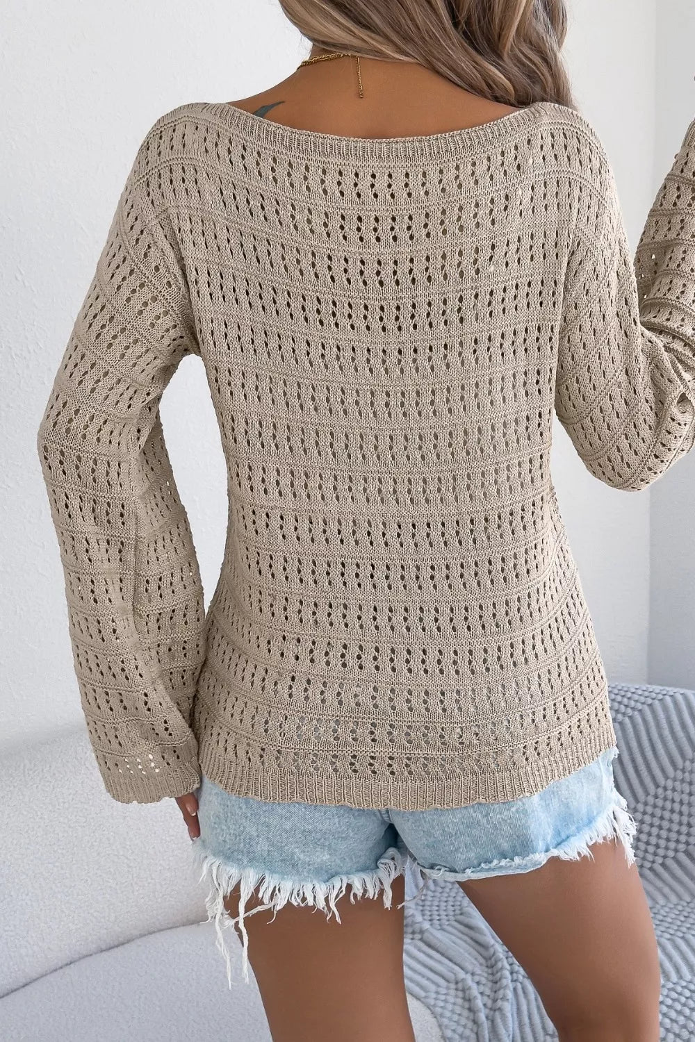 Boat neck eyelet knit top in khaki