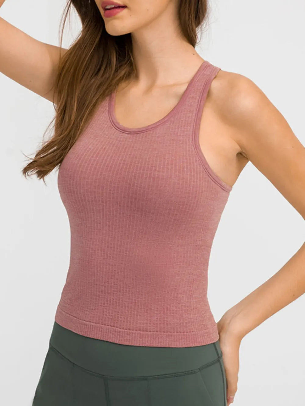 Round neck racerback padded active tank full length view