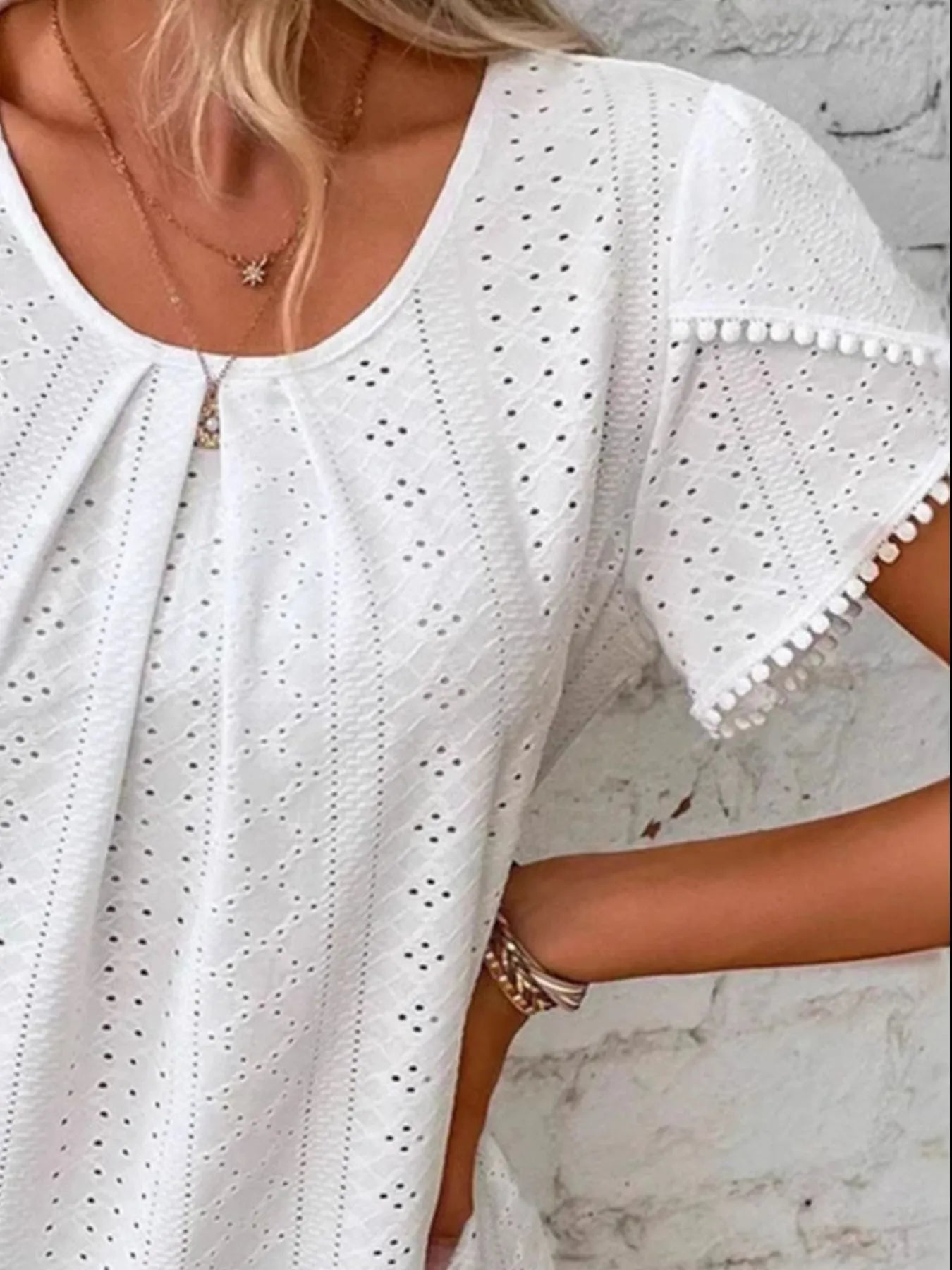 Eyelet Petal Sleeve Top with Pom Pom Trim - Fashorio