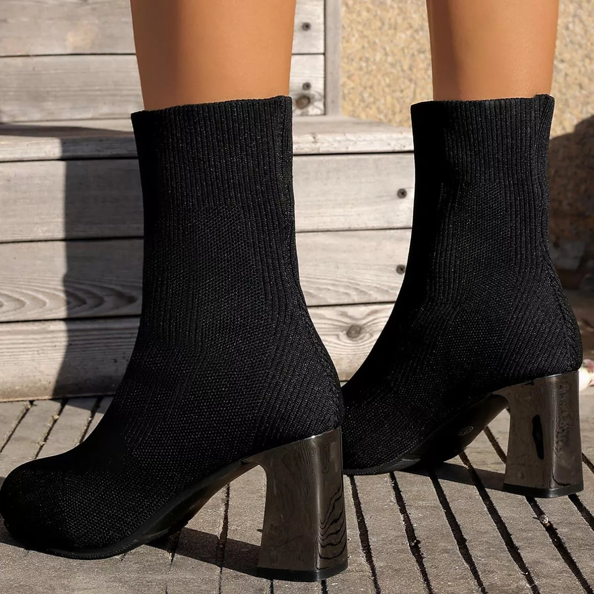 Round Toe Mesh Block Heel Boots back view