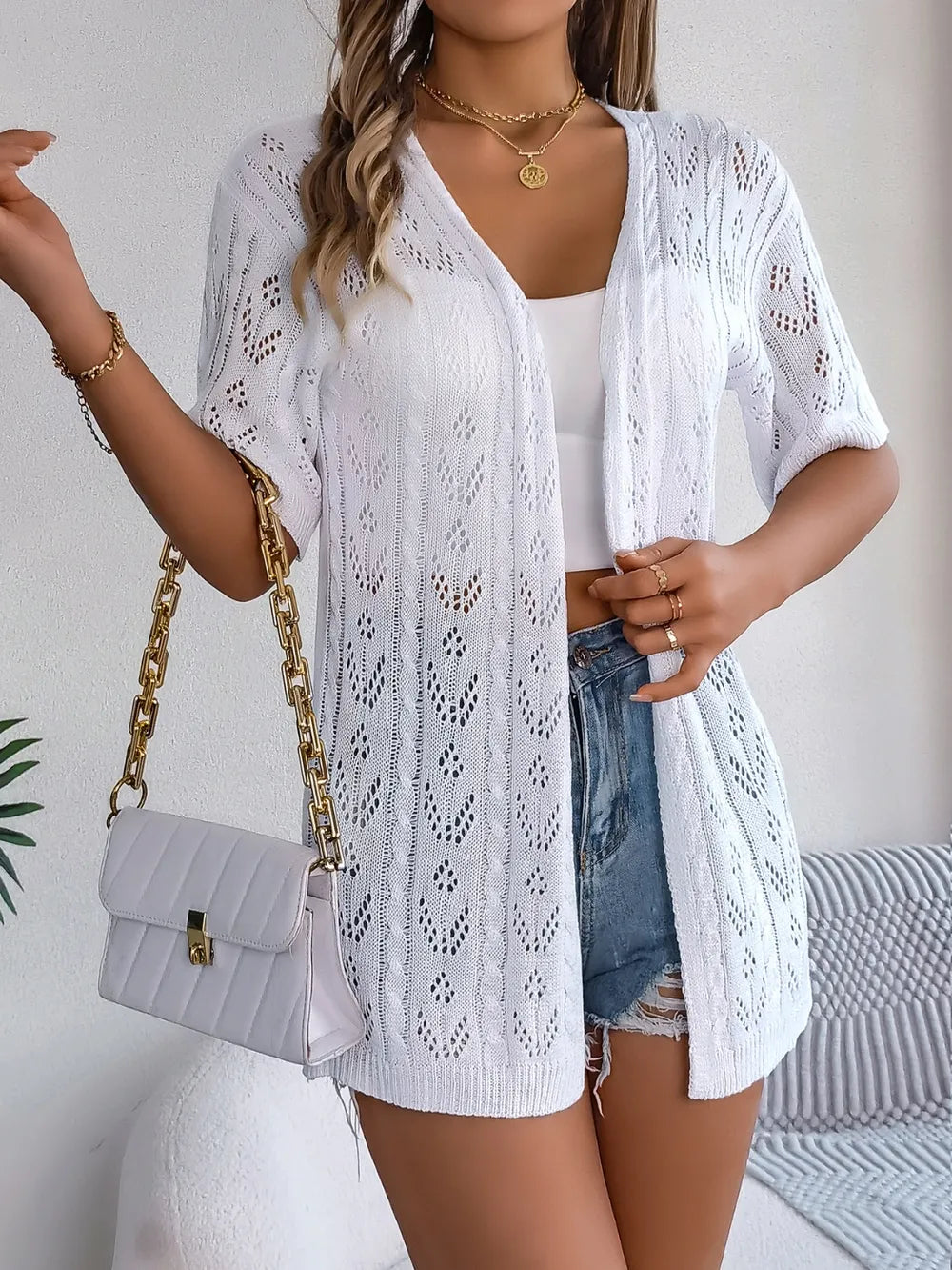 Openwork Open Front Half Sleeve Cardigan - Fashorio