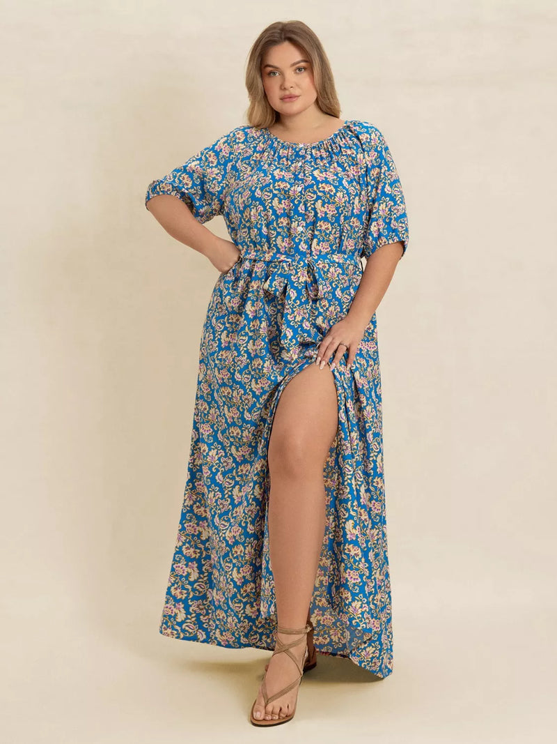 Plus size floral side slit maxi dress front view