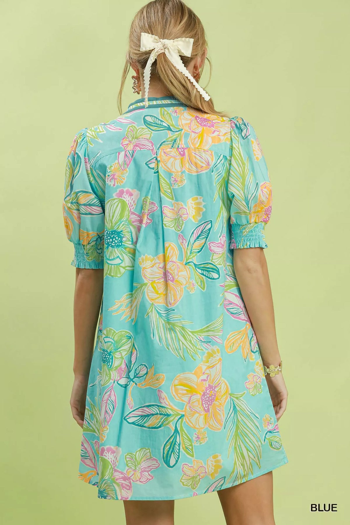Umgee blue botanical floral print dress back view