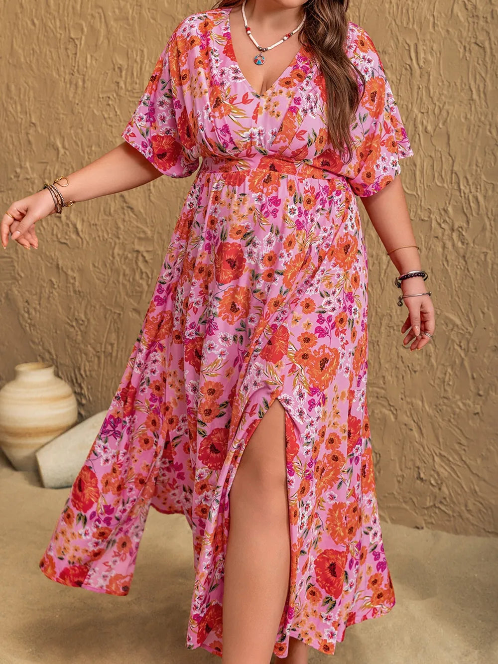 fuchsia plus size floral v neck half sleeve maxi dress side view