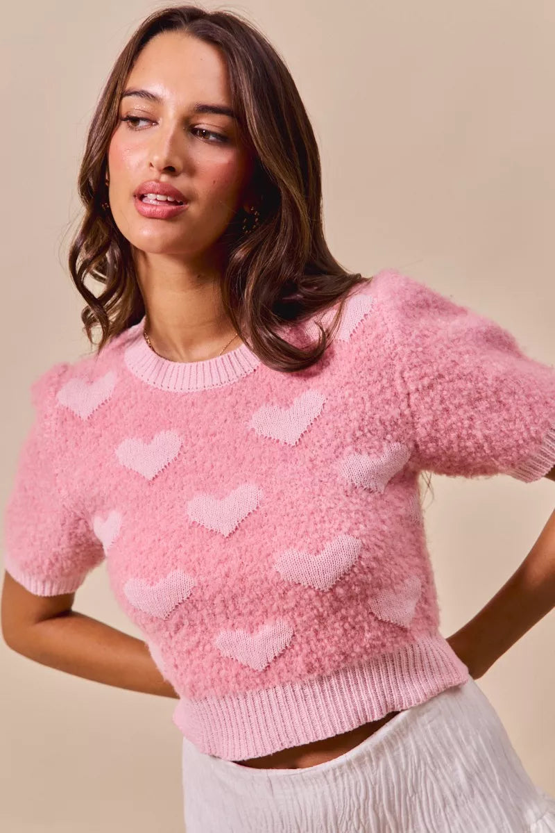 All Over Heart Cropped Sweater in Pink side view