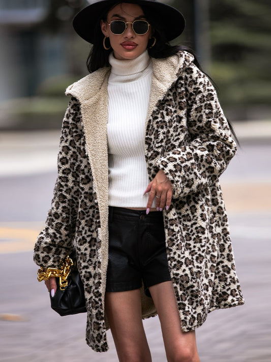 Shiny Leopard Hooded Coat with Pockets Leopard - Fashorio