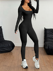 Square Neck Long Sleeve Active Jumpsuit Black - Fashorio