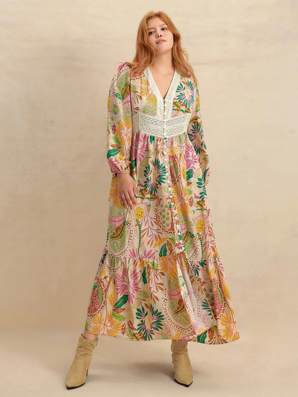 apricot lace printed balloon sleeve plus size maxi dress front view