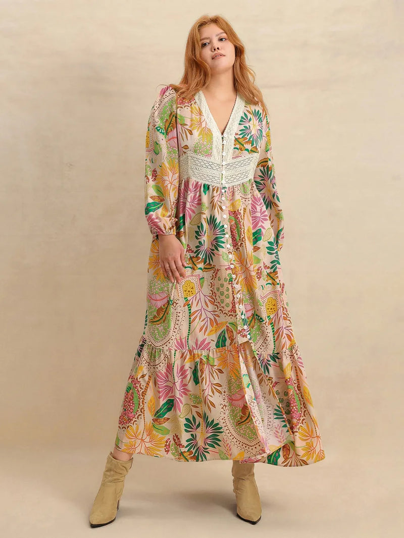 apricot lace printed balloon sleeve plus size maxi dress front view