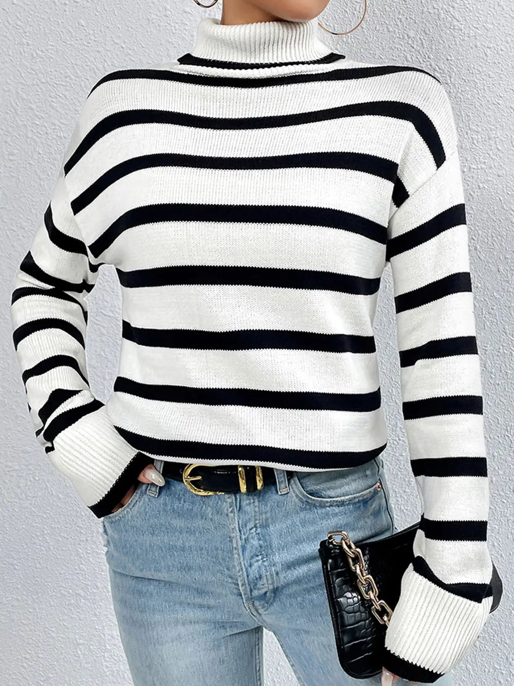 Striped Turtleneck Long Sleeve Sweater White - Fashorio