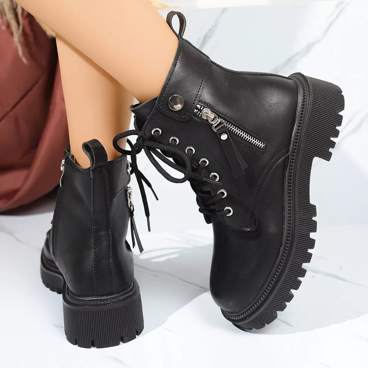 Classic Round Toe Block Heel Boots angled three quarter view