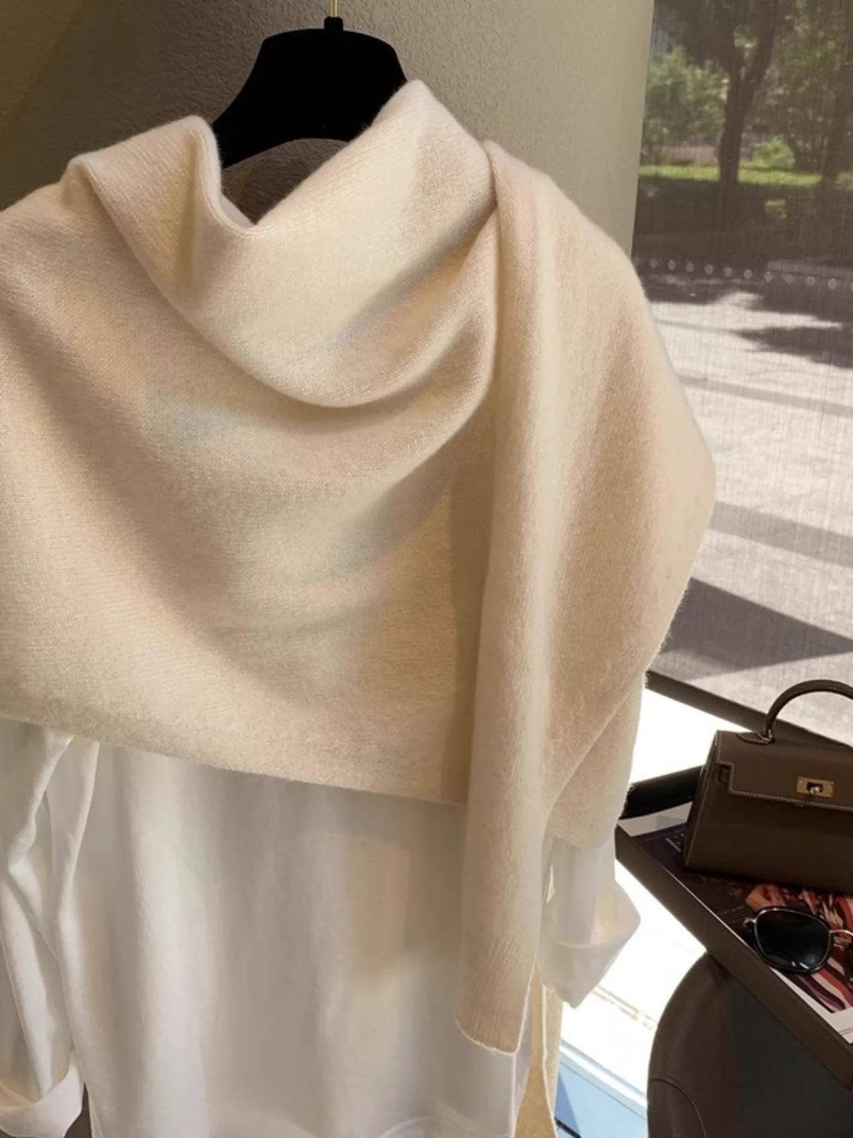 Wool knitted asymmetrical shawl side view