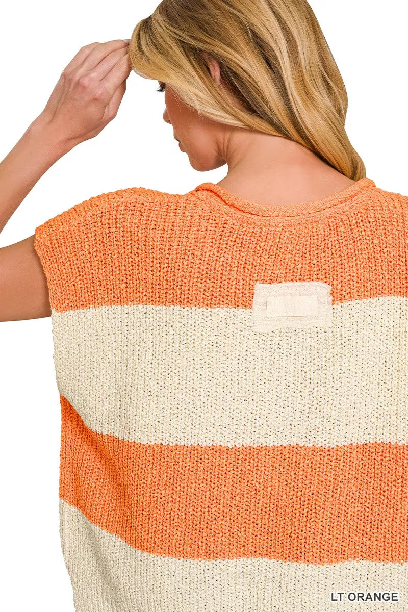 Split Neck Sleeveless Striped Sweater in Orange side view
