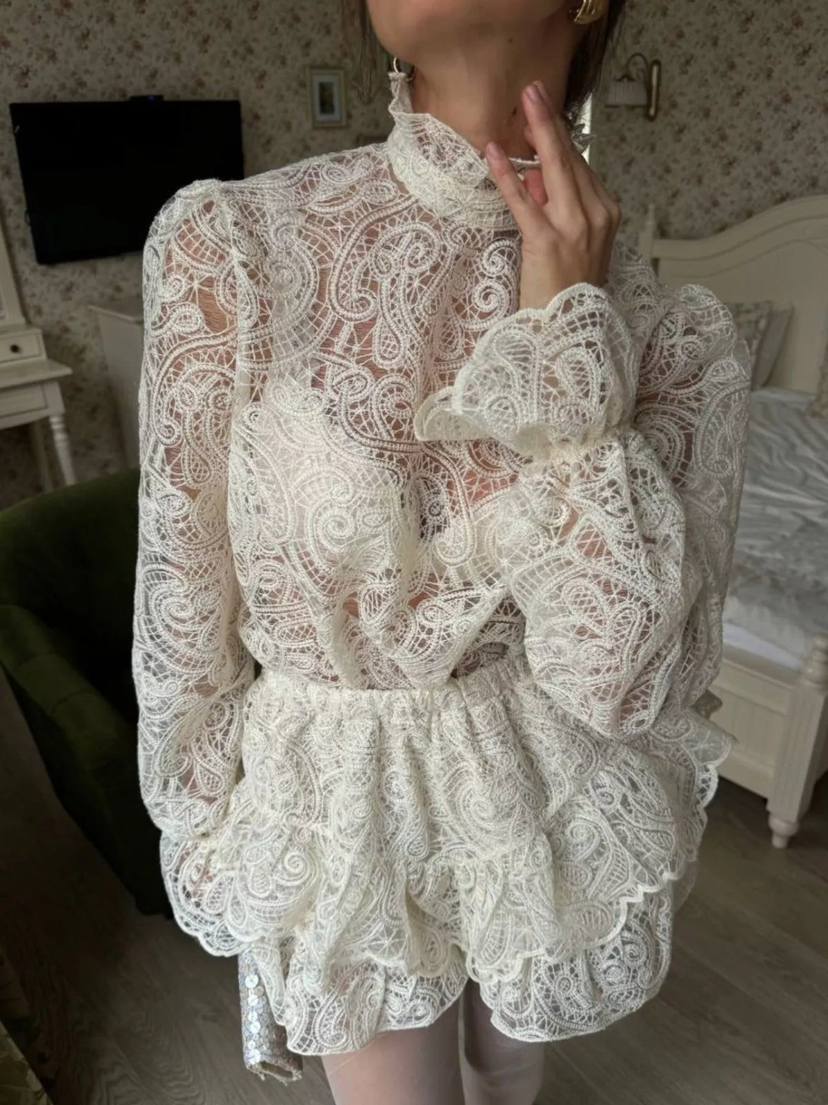 Lace long sleeve top and skirt two piece set front view