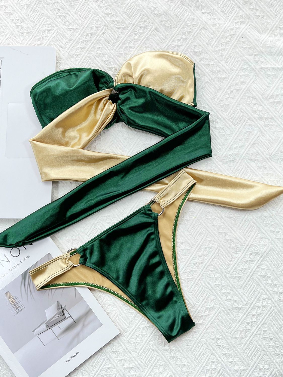 Two-Tone Ring Detail Tied Bikini Set - Removable Padding Forest - Fashorio
