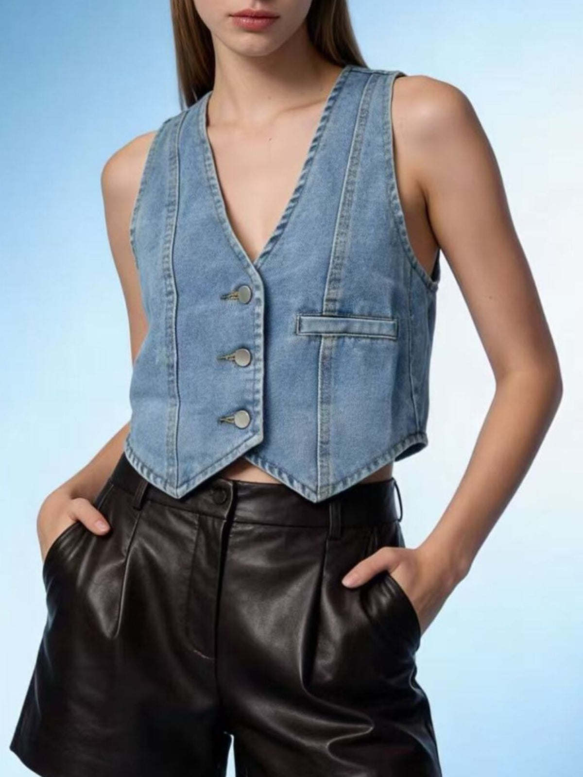 Button Down Denim Vest in Dark Blue view 14