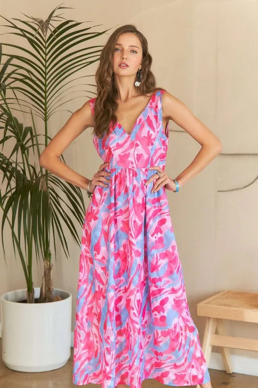 Abstract Floral V Neck Maxi Dress in Blush back view