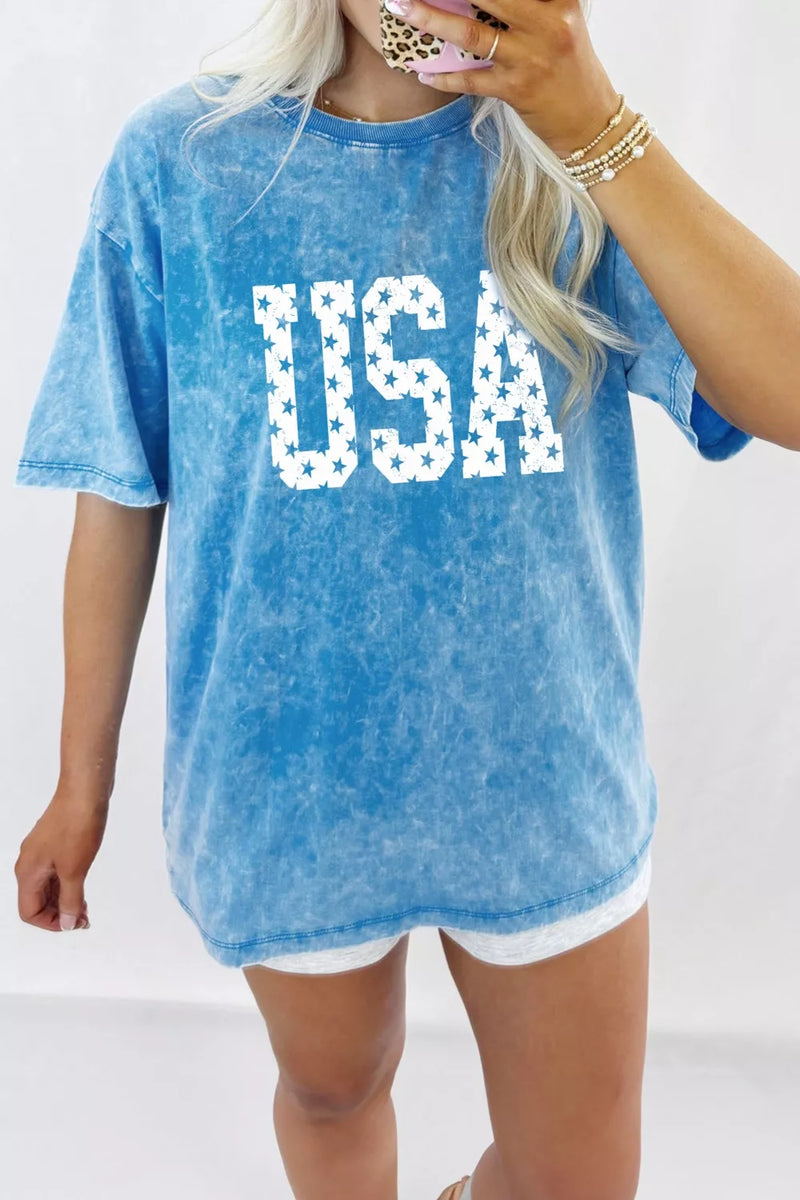 Pastel blue USA star print acid wash t shirt, front view