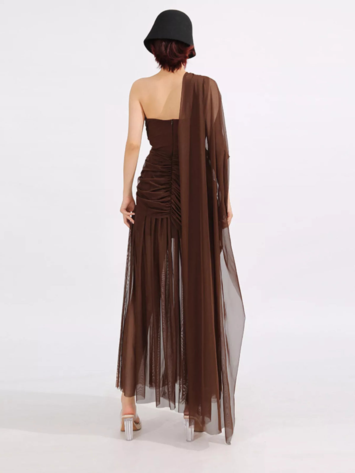 Coffee brown one shoulder flowy mesh midi dress, fabric detail