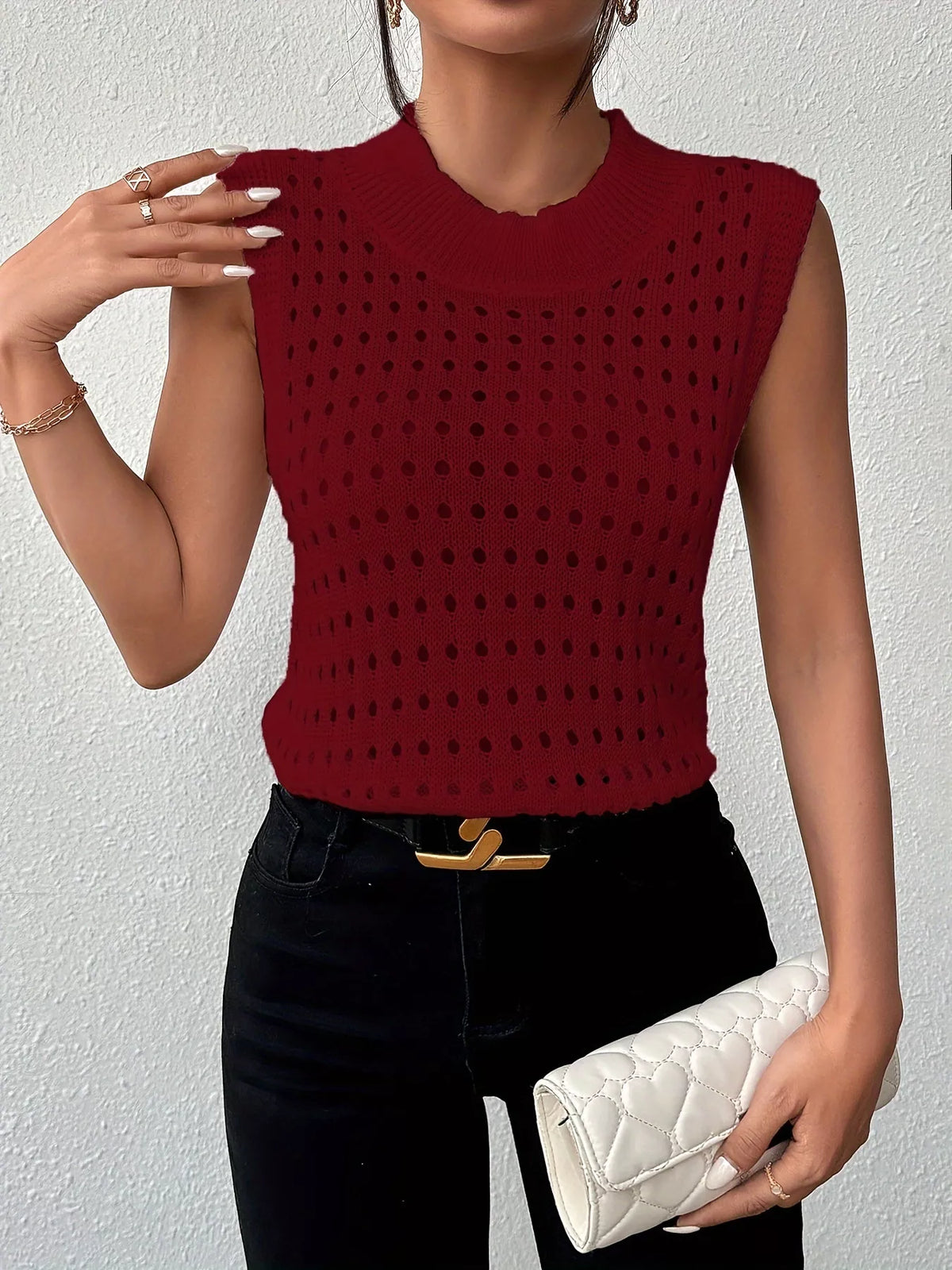 Openwork round neck knit tank full length view