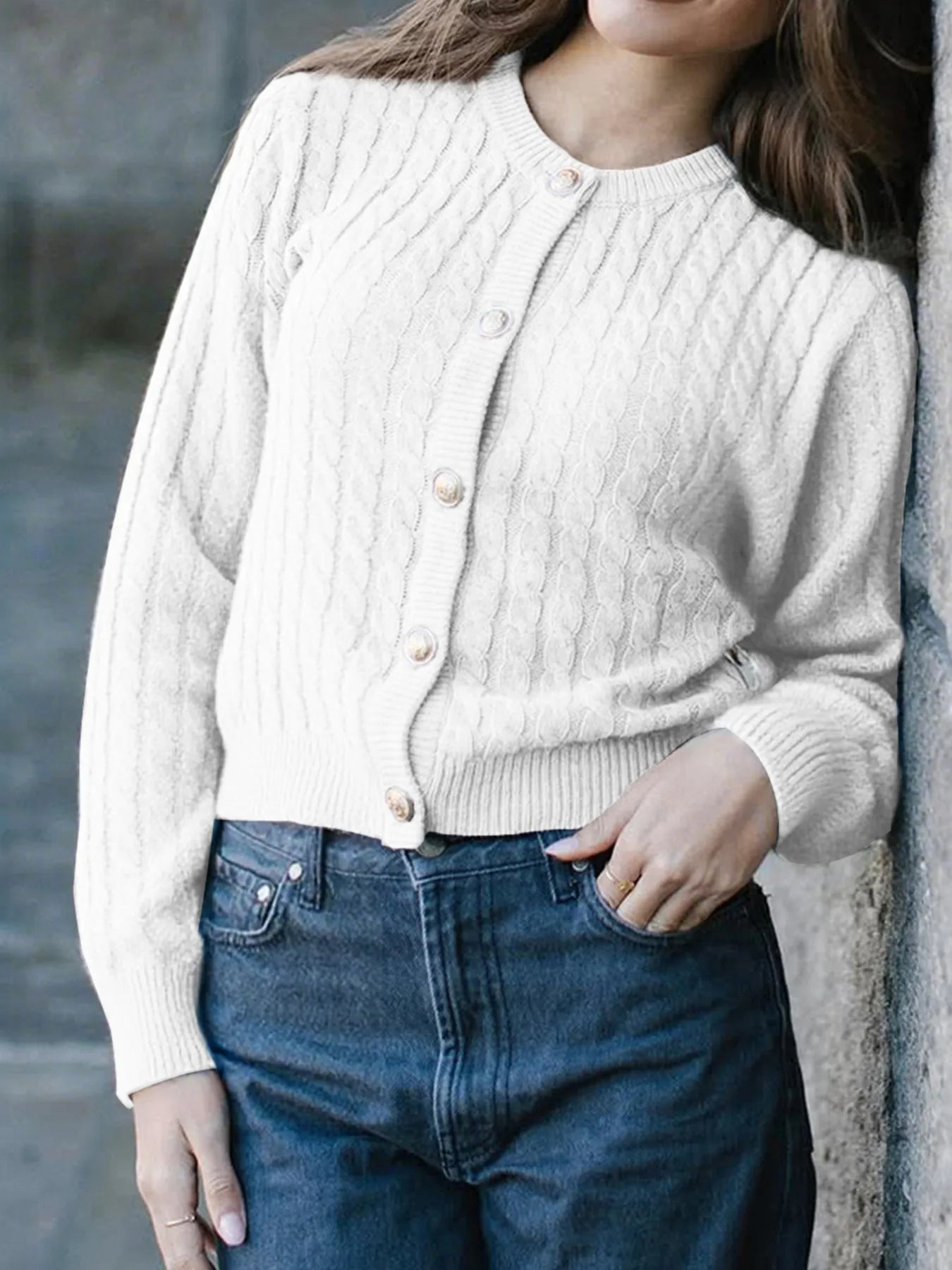 Cable Knit Button-Up Cardigan White - Fashorio