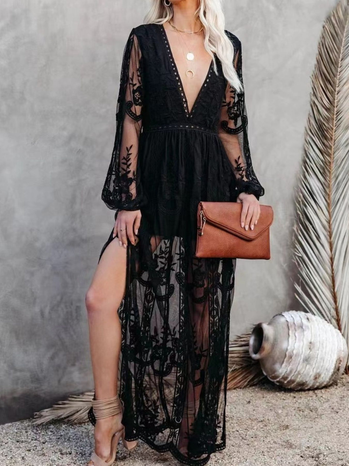 Floral lace slit maxi dress back detail