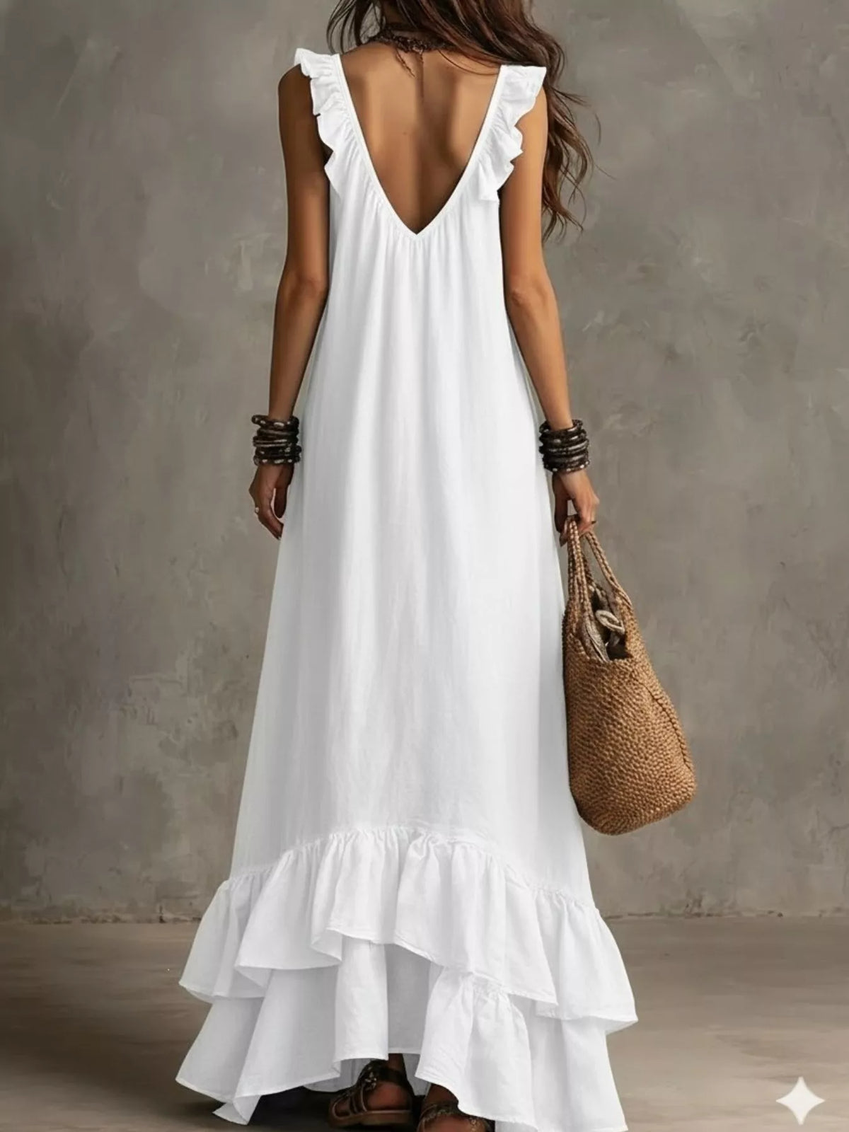 Ruffled sleeveless maxi dress close up view