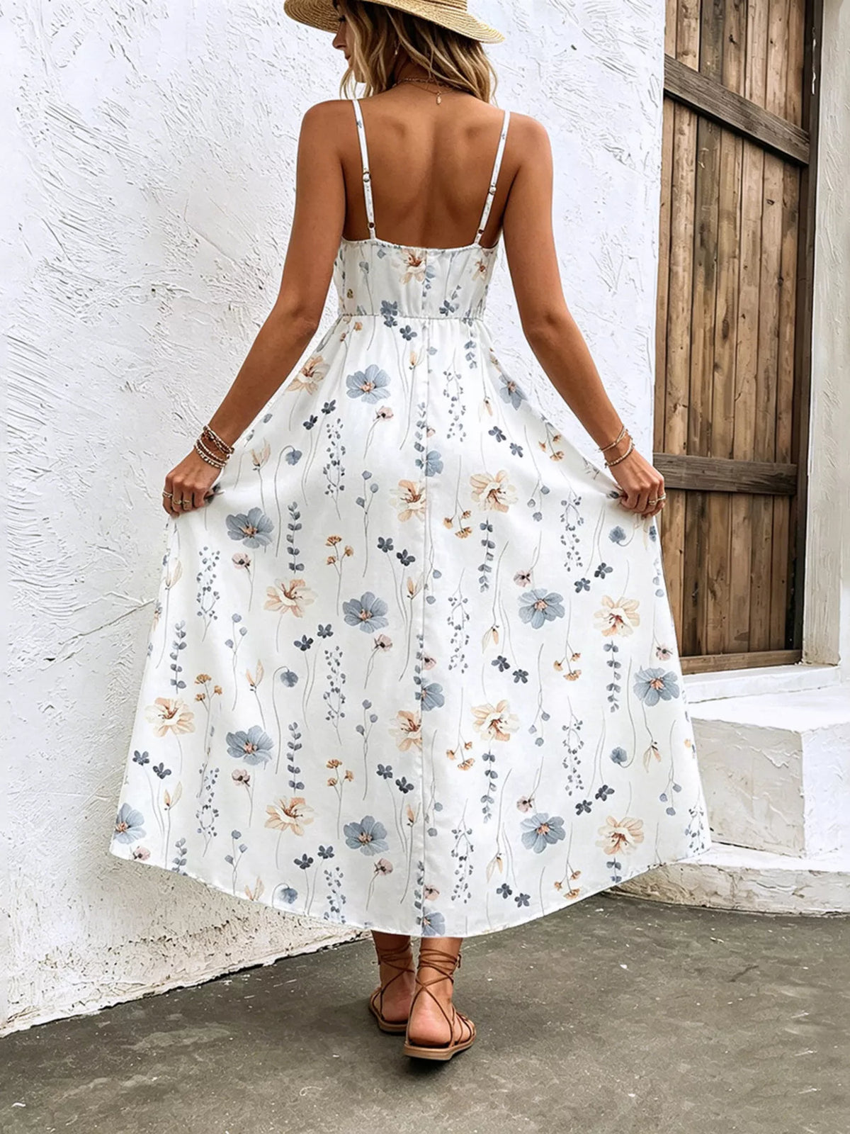 Floral midi dress shown from the side on a model