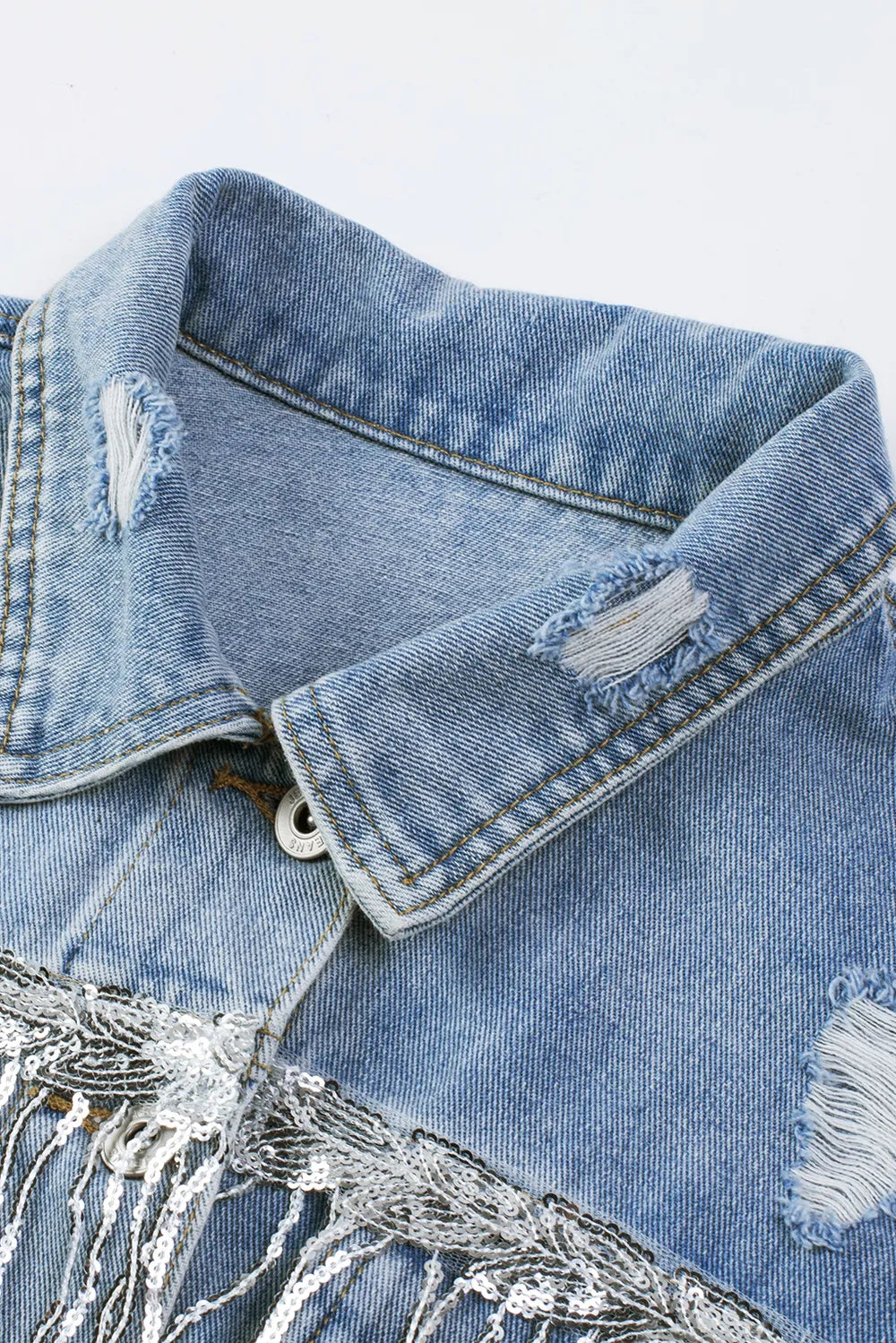 Sequin Fringe Distressed Denim Jacket in Medium Wash view 9