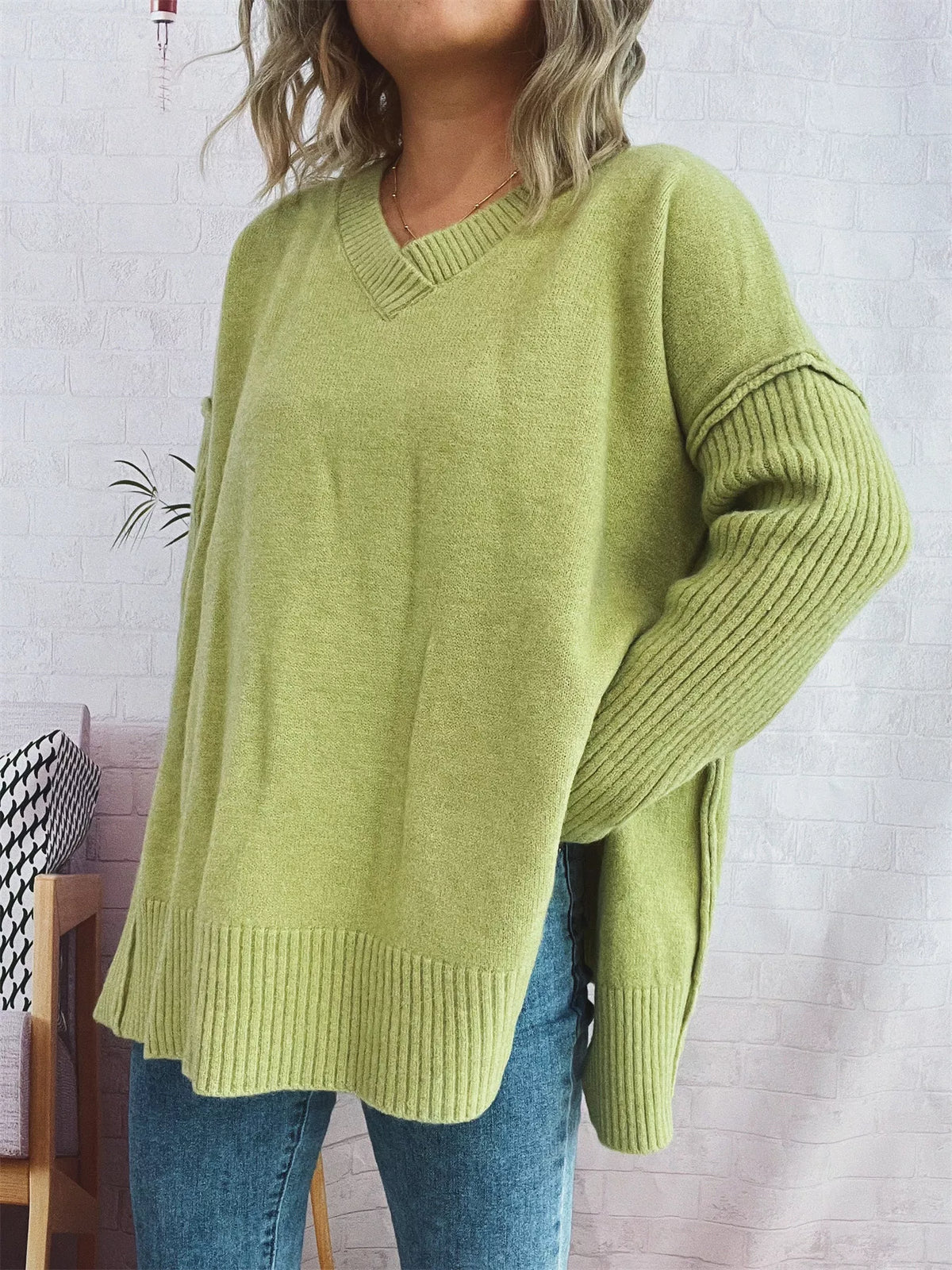 v neck dropped shoulder sweater color view
