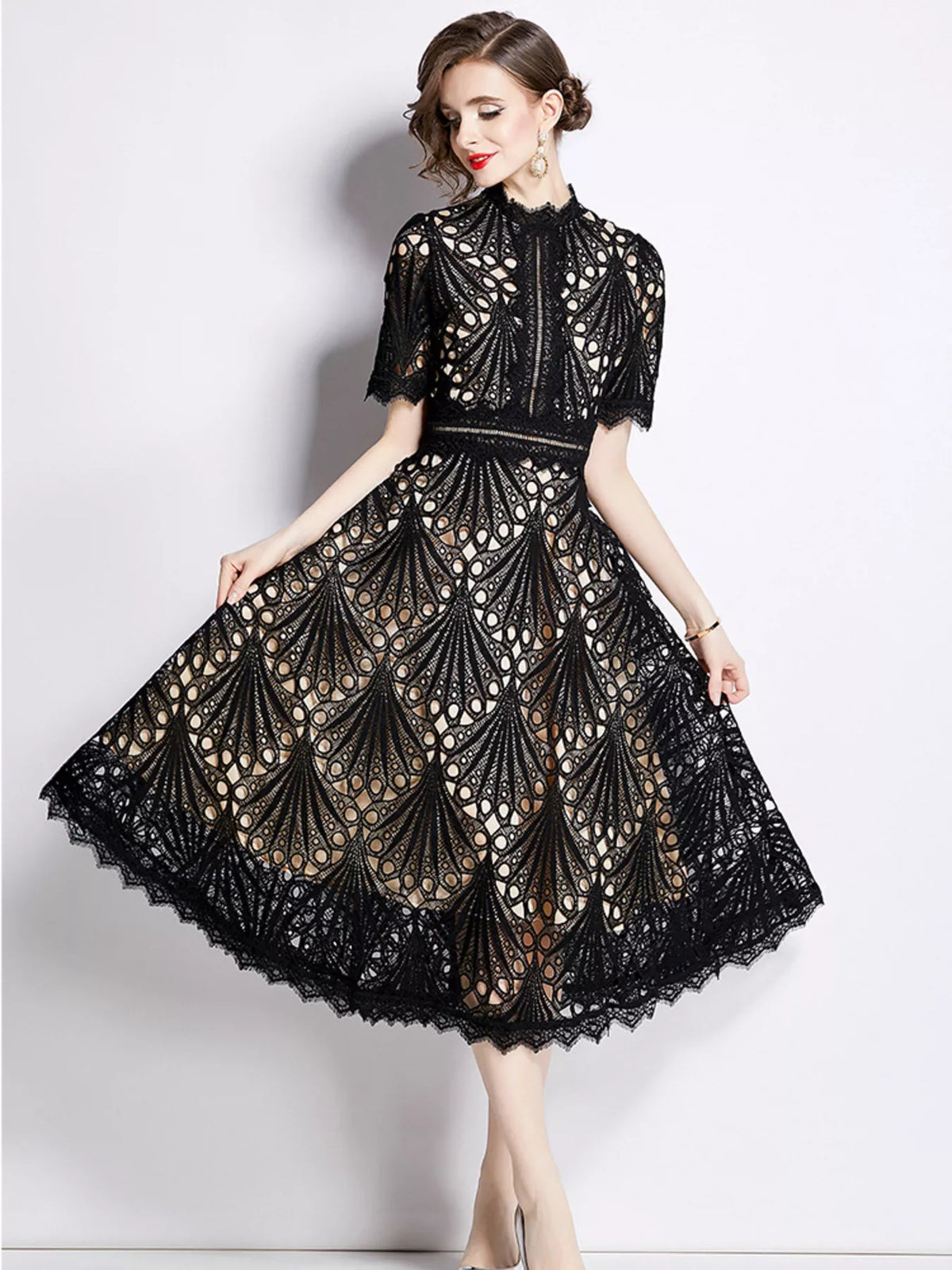 Lake blue lace midi dress back view with zipper