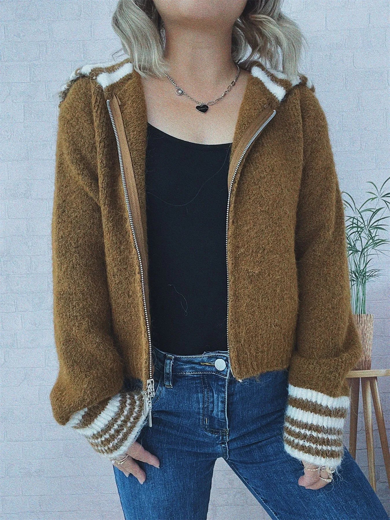 Striped Zip-Up Cardigan - Fashorio