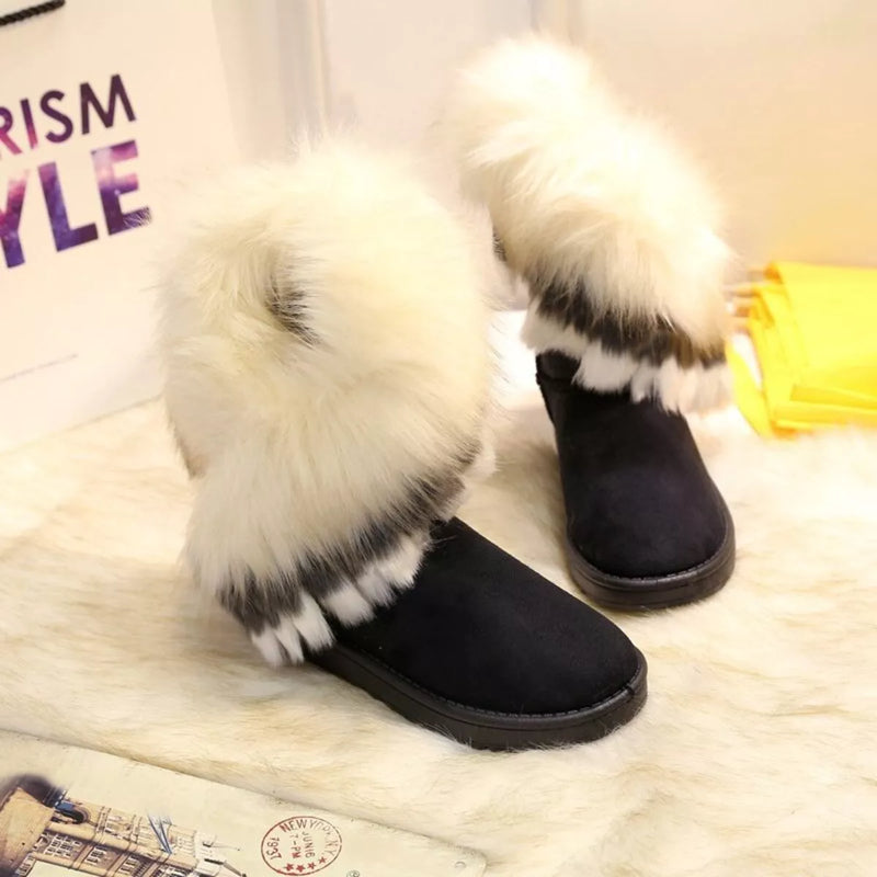 Fluffy Fur Cuff Round Toe Boots front view