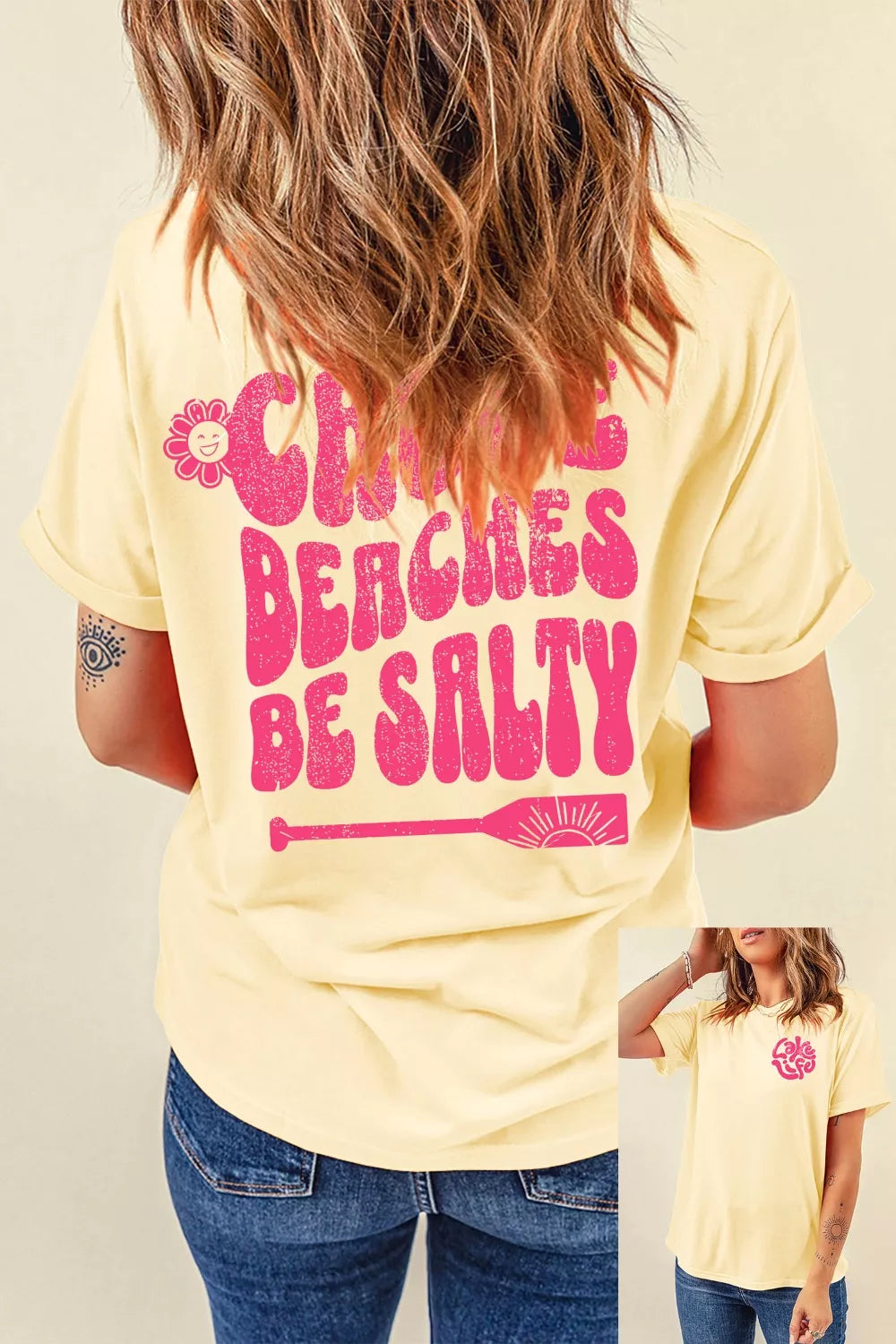 Pastel yellow slogan print round neck tee detail view