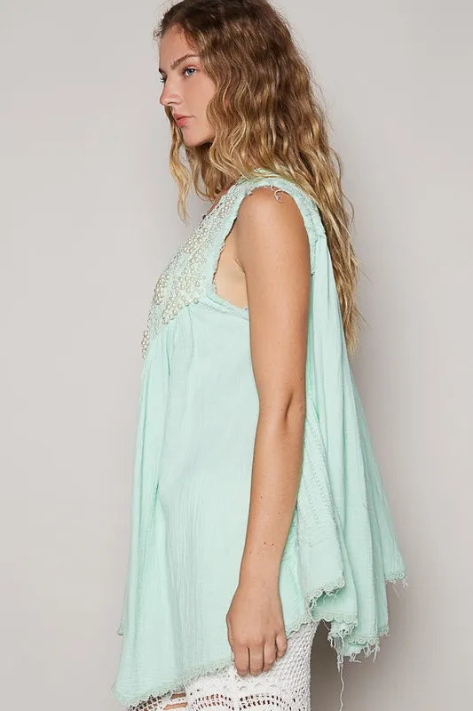 POL Embroidered Pearls Open Front Sleeveless Cardigan - Fashorio