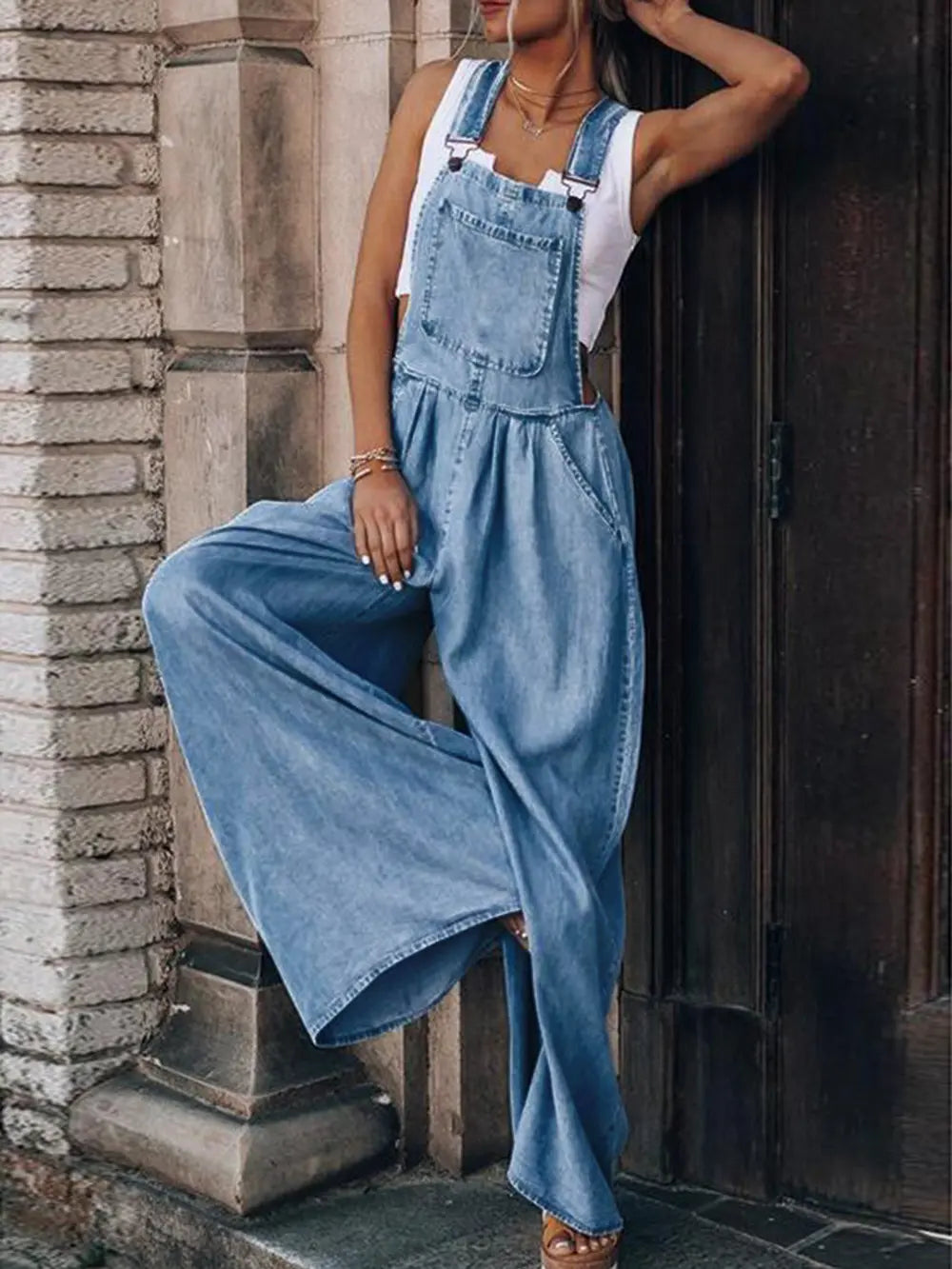 Wide Leg Denim Overalls Light - Fashorio