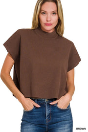 Zenana Viscose Mock Neck Short Sleeve Boxy Sweater BROWN - Fashorio
