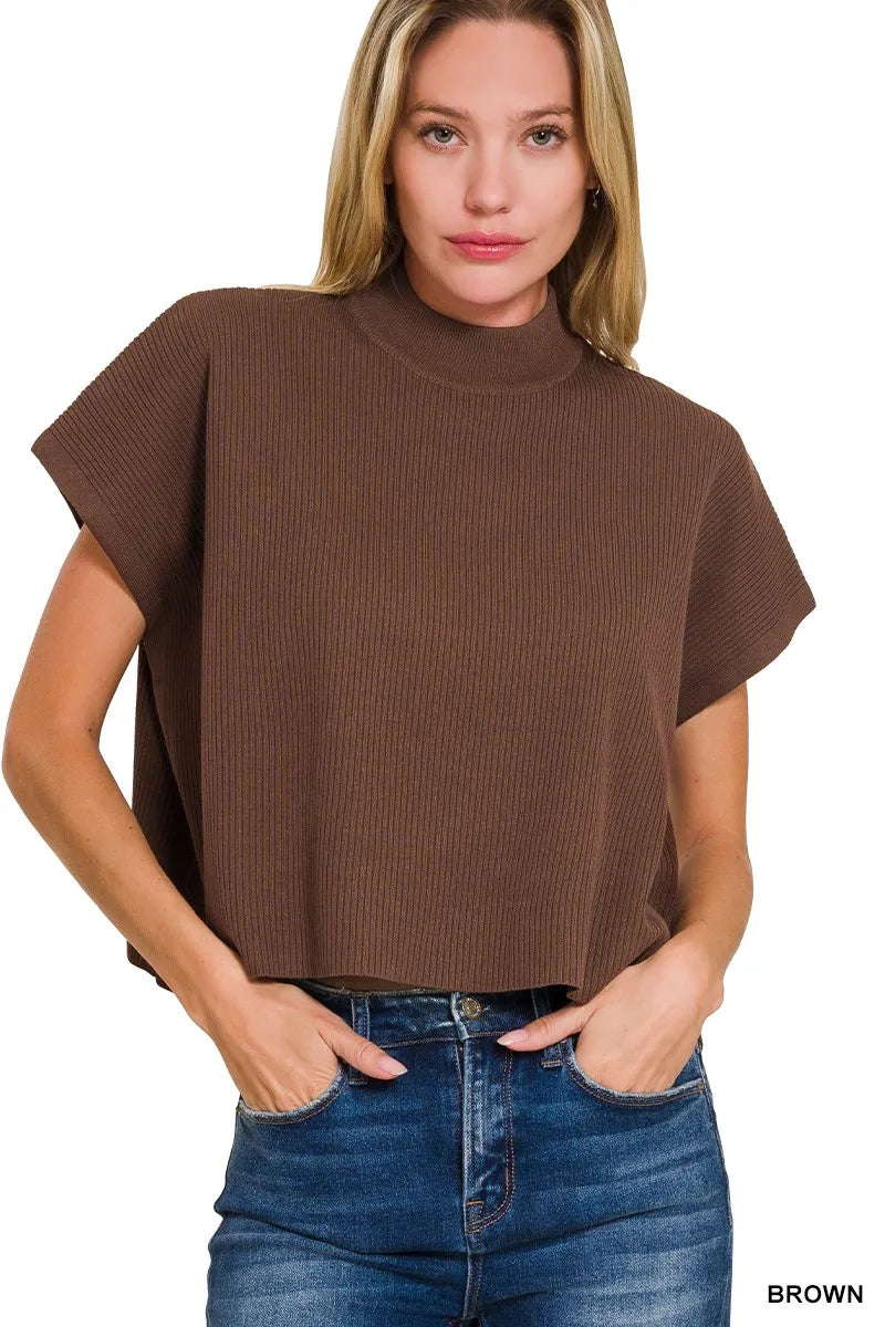 Zenana Viscose Mock Neck Short Sleeve Boxy Sweater BROWN - Fashorio