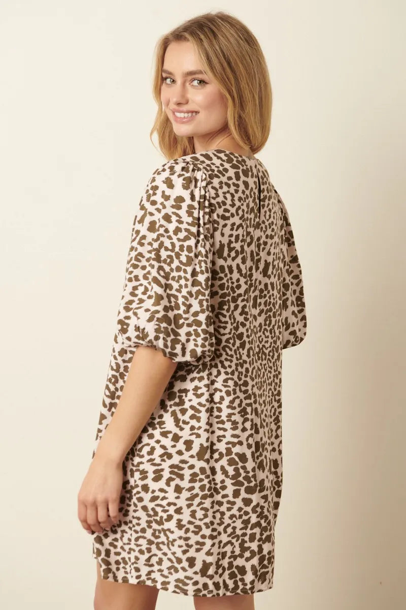 Animal Print Puff Sleeve Mini Dress in Olive detail