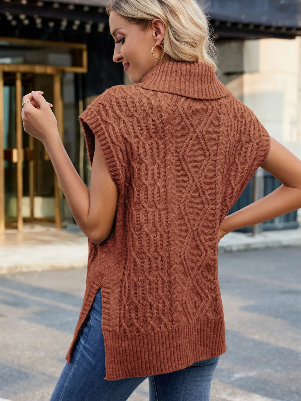 Side Slit Turtleneck Sweater Vest in Caramel side view