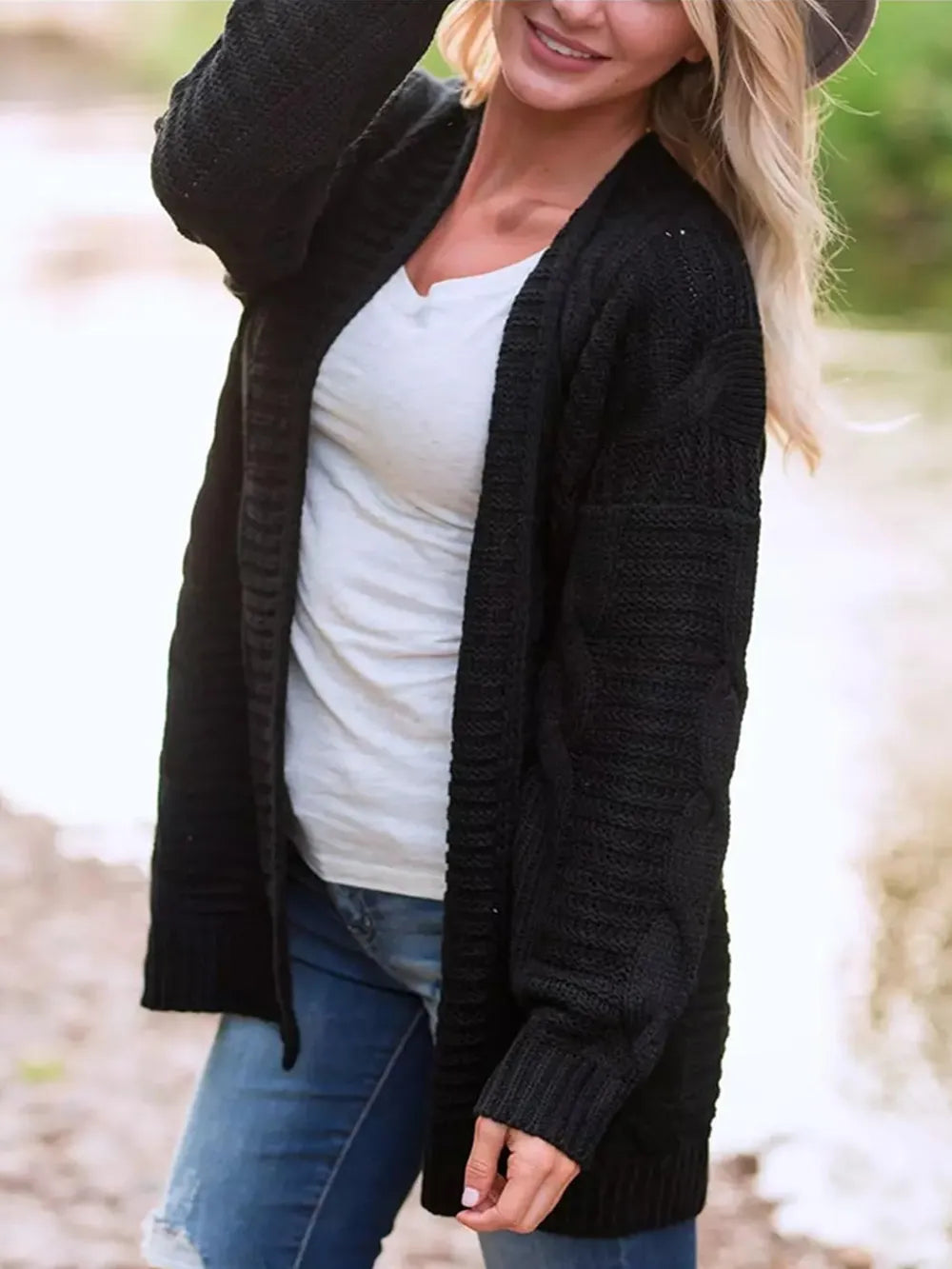 Cable-Knit Open Front Long Sleeve Cardigan - Fashorio